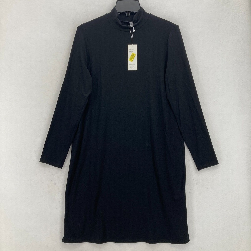 Eileen Fisher Viscose Jersey Knit Dress Women's‎ Medium Black Stretch Mock Neck